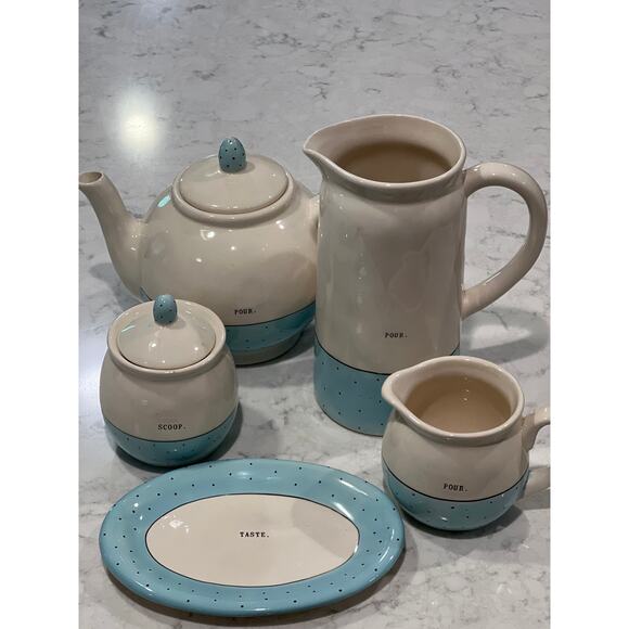 Rae Dunn Blue Polka Dot 5 Piece Artisan Collection Tea Set‎ - Picture 1 of 12